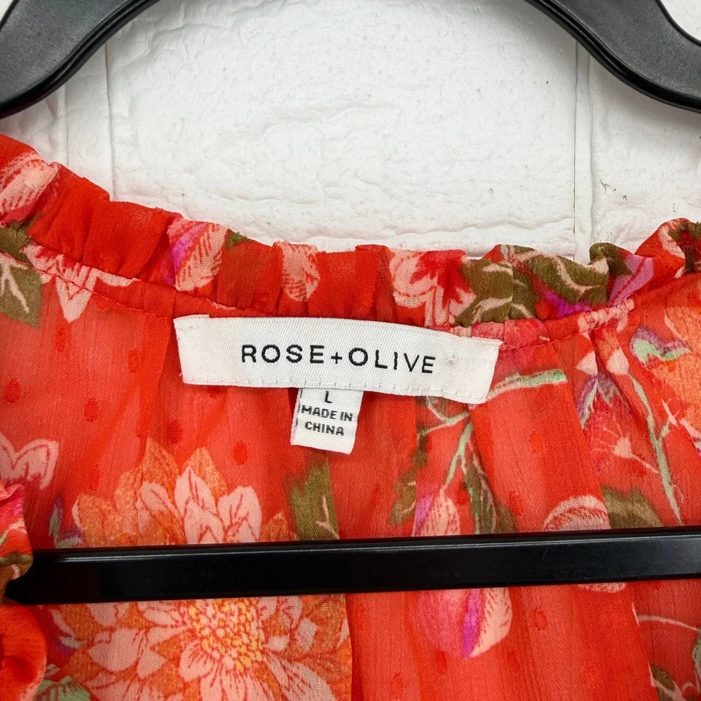 Rose + Olive Floral Blouse Women Size L Red Flutter Sleeve Tassel Tie Top Boho